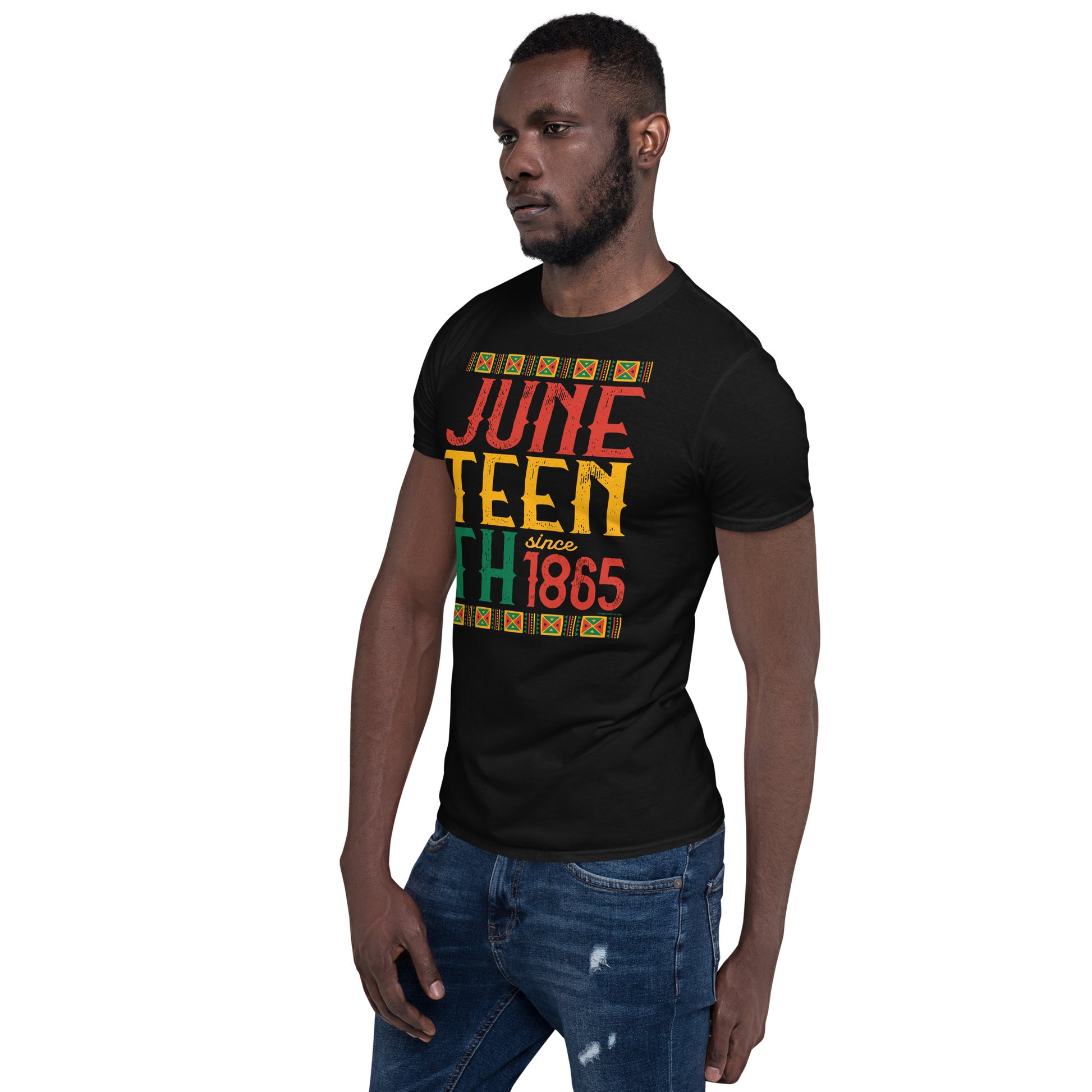 a man wearing a black t - shirt that says juneteenth since 1865