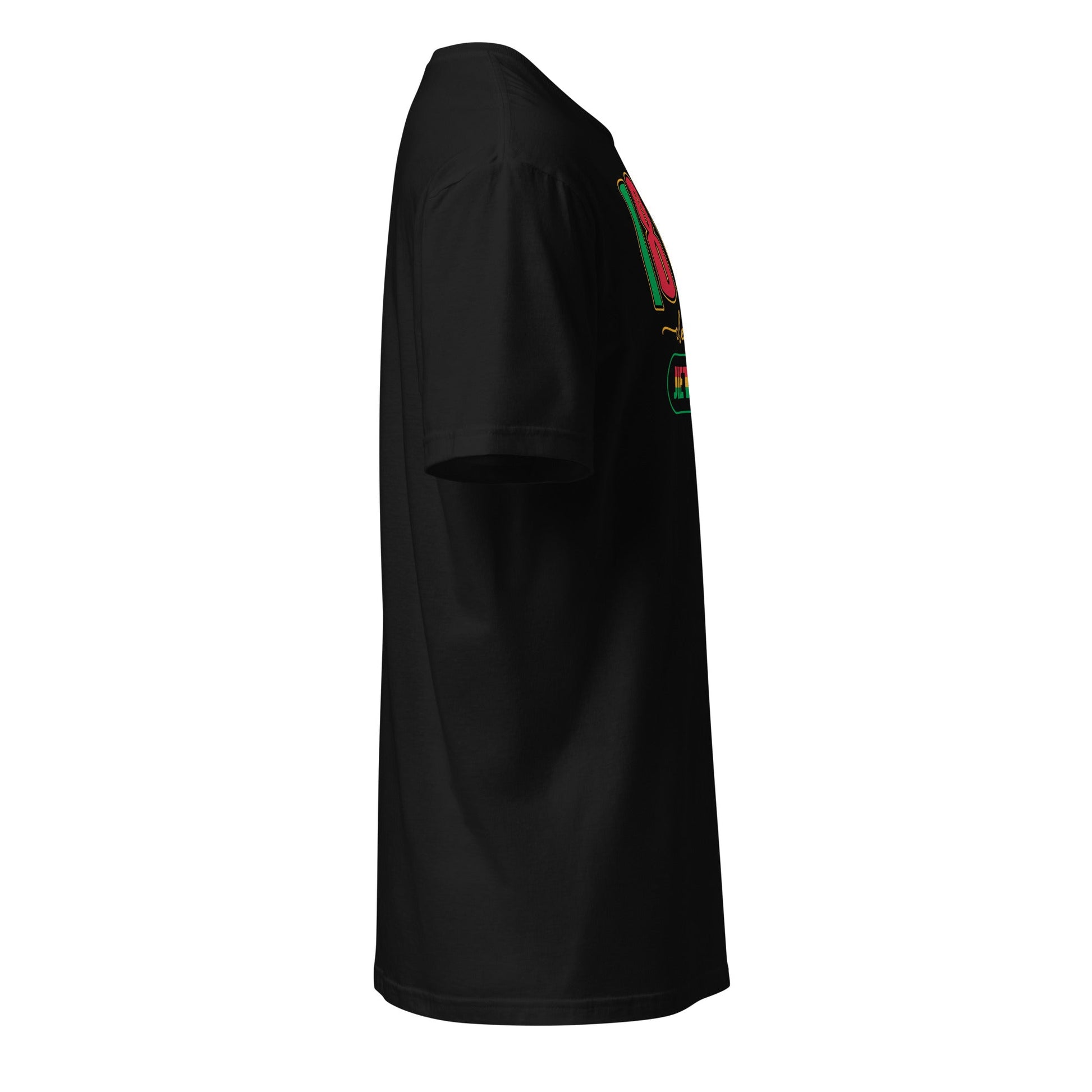 a black shirt with a red, green, and yellow flag on it