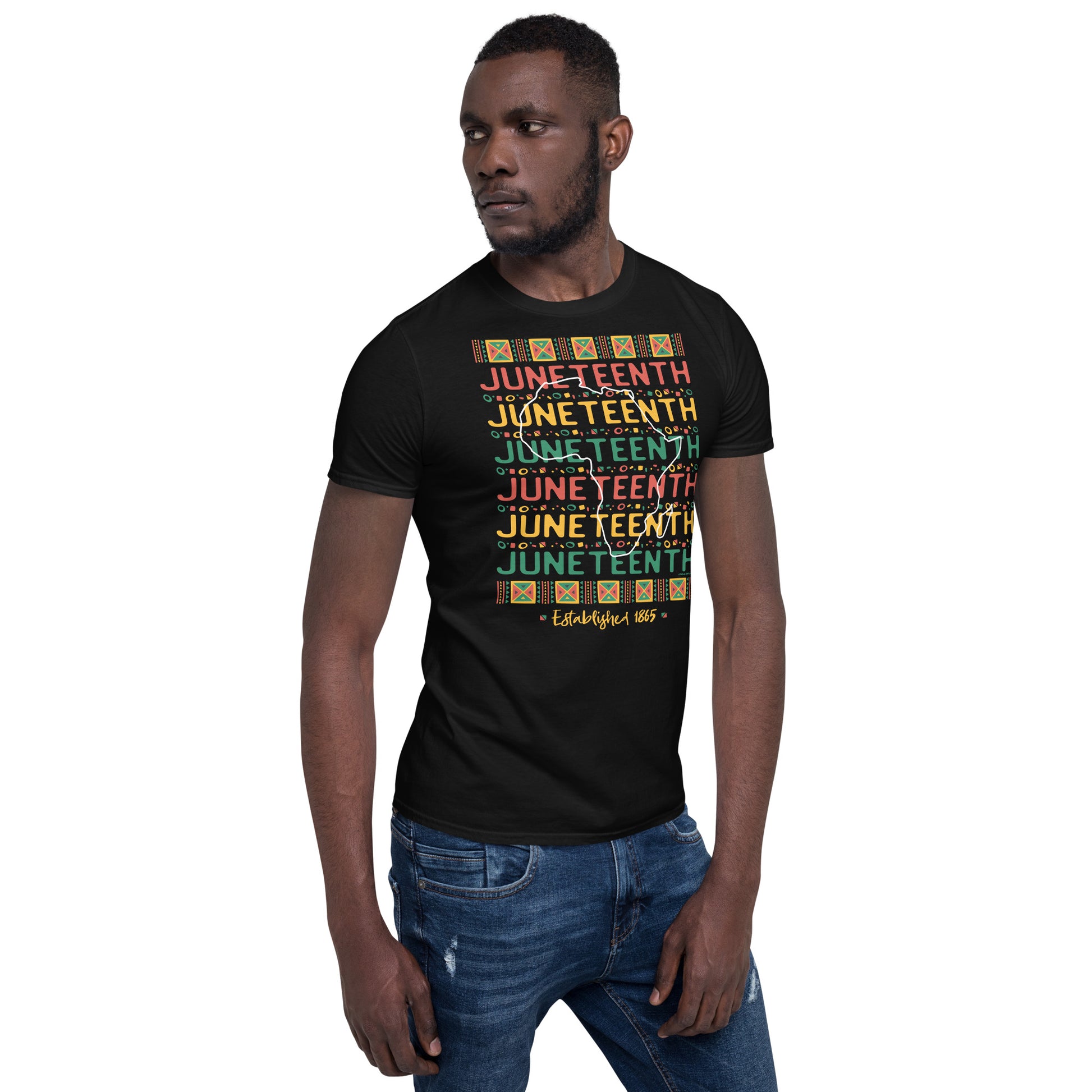 a man wearing a black t - shirt with the words Juneteenth Repeat Established 1865 on it