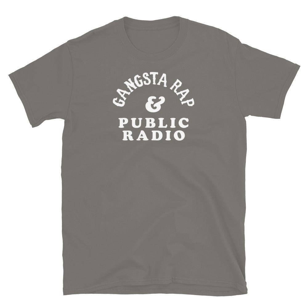 Olive Gangsta Rap & Public Radio Softstyle Unisex T-Shirt with white text, muted tone for fans of hip hop and public radio.