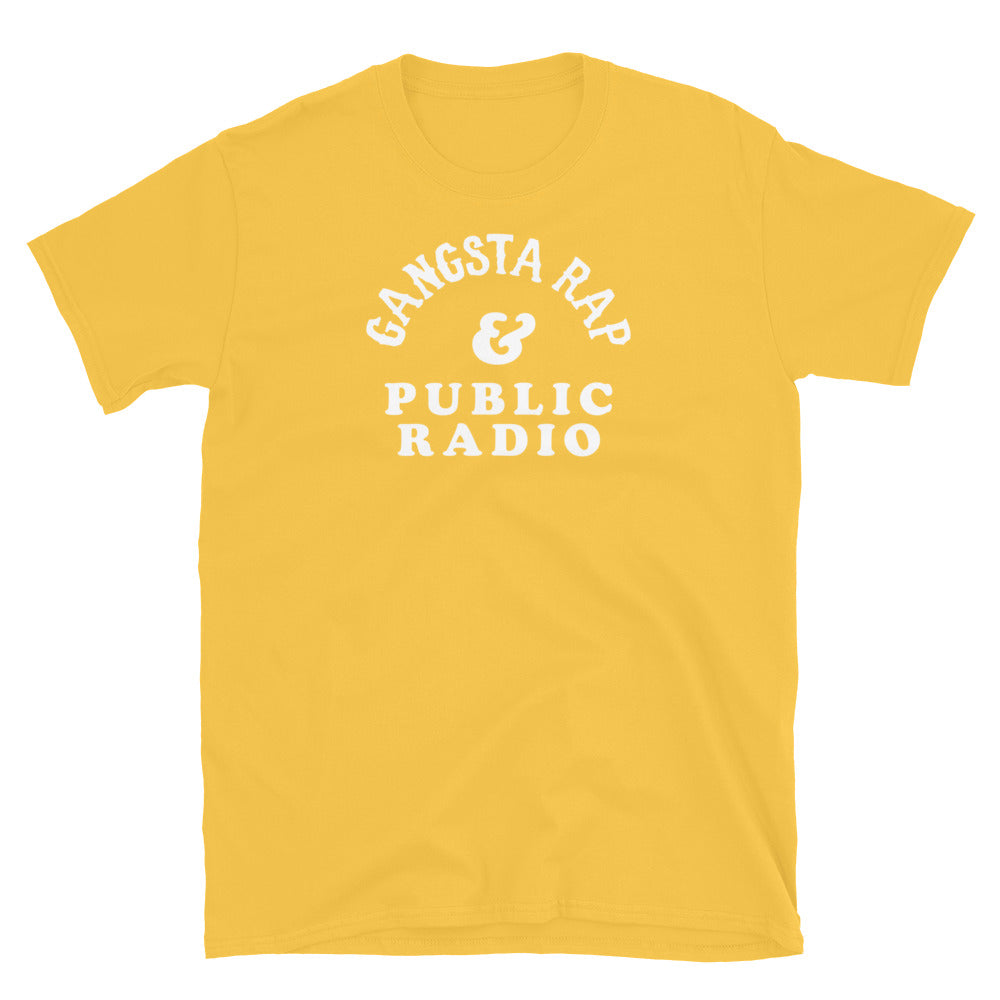 Yellow Gangsta Rap & Public Radio Softstyle Unisex T-Shirt with white lettering, cheerful color for NPR and rap fans.