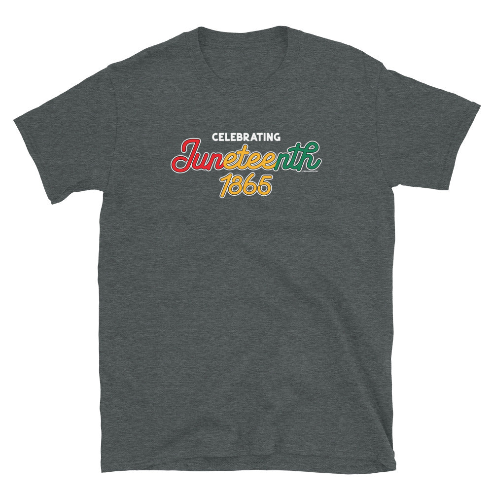 a gray t - shirt with the words celebrating juneteenth 1865 on it