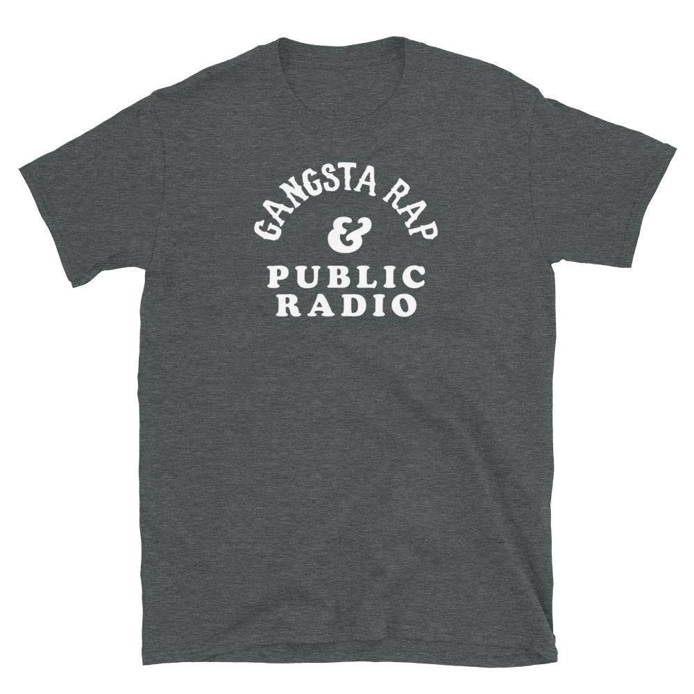 Dark heather Gangsta Rap & Public Radio Softstyle Unisex T-Shirt with bold white text, ideal for hip hop and NPR fans.
