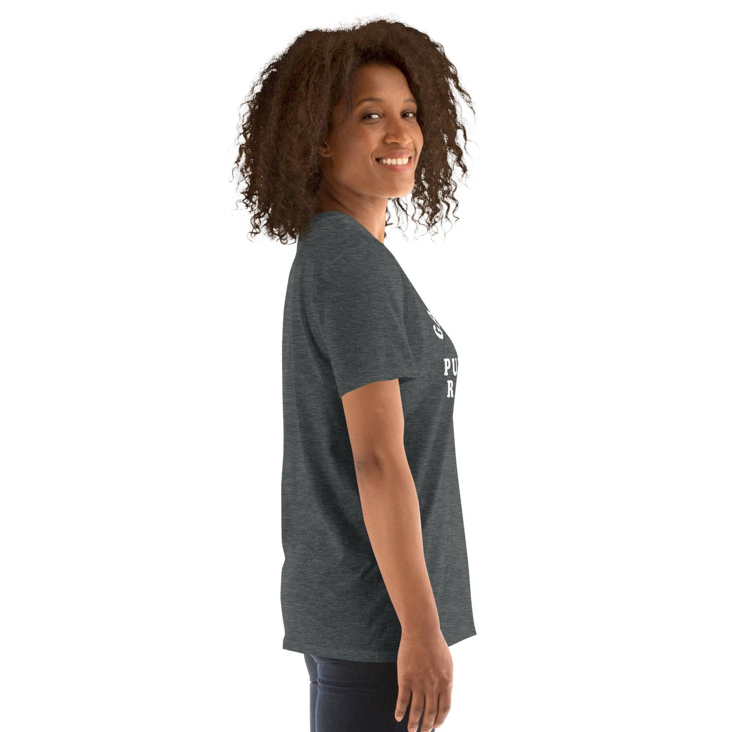 Profile shot of woman in Gangsta Rap & Public Radio Softstyle Unisex T-Shirt, combining comfort and bold cultural expression.