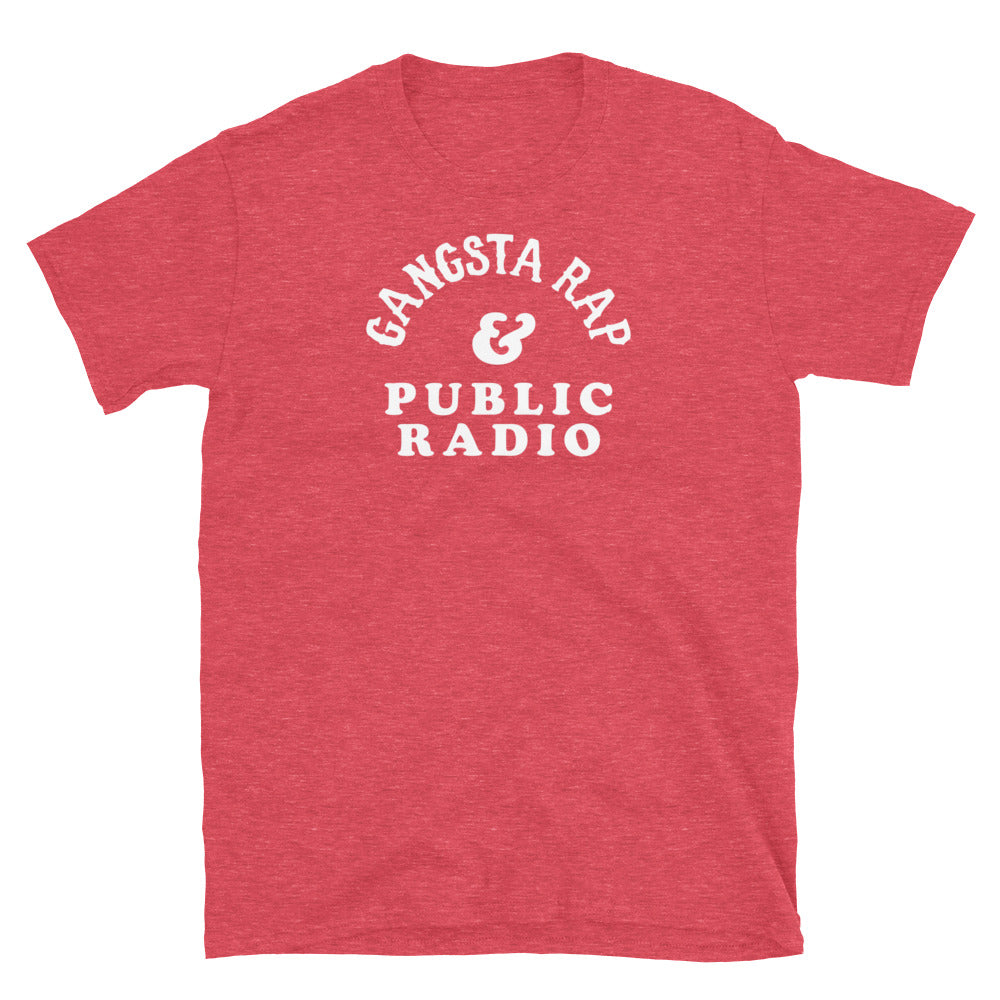 Heather red Gangsta Rap & Public Radio Softstyle Unisex T-Shirt with white print, eye-catching tee for music and radio lovers.