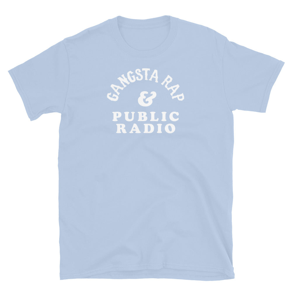 Light blue Gangsta Rap & Public Radio Softstyle Unisex T-Shirt with white text, soft pastel tee for music and culture fans.
