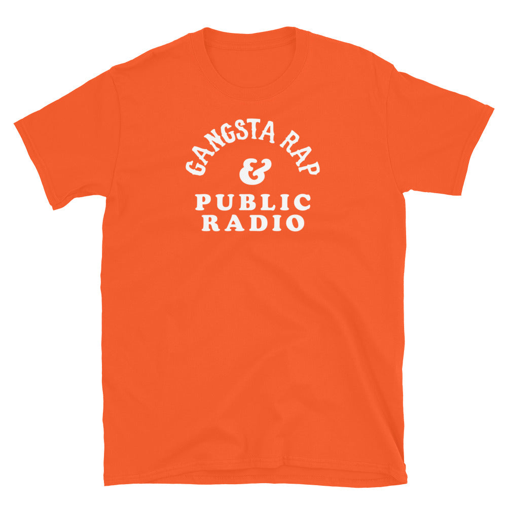 Bright orange Gangsta Rap & Public Radio Softstyle Unisex T-Shirt with white text, bold statement piece for culture lovers.