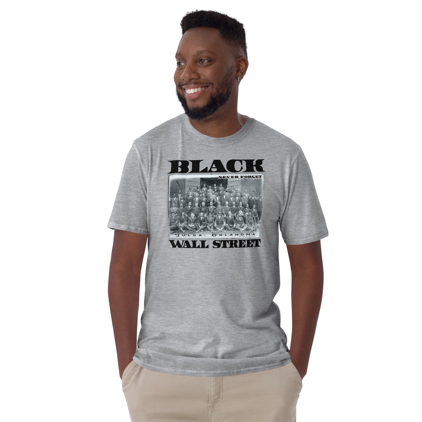 Smiling model in Black Wall Street vintage history tee
