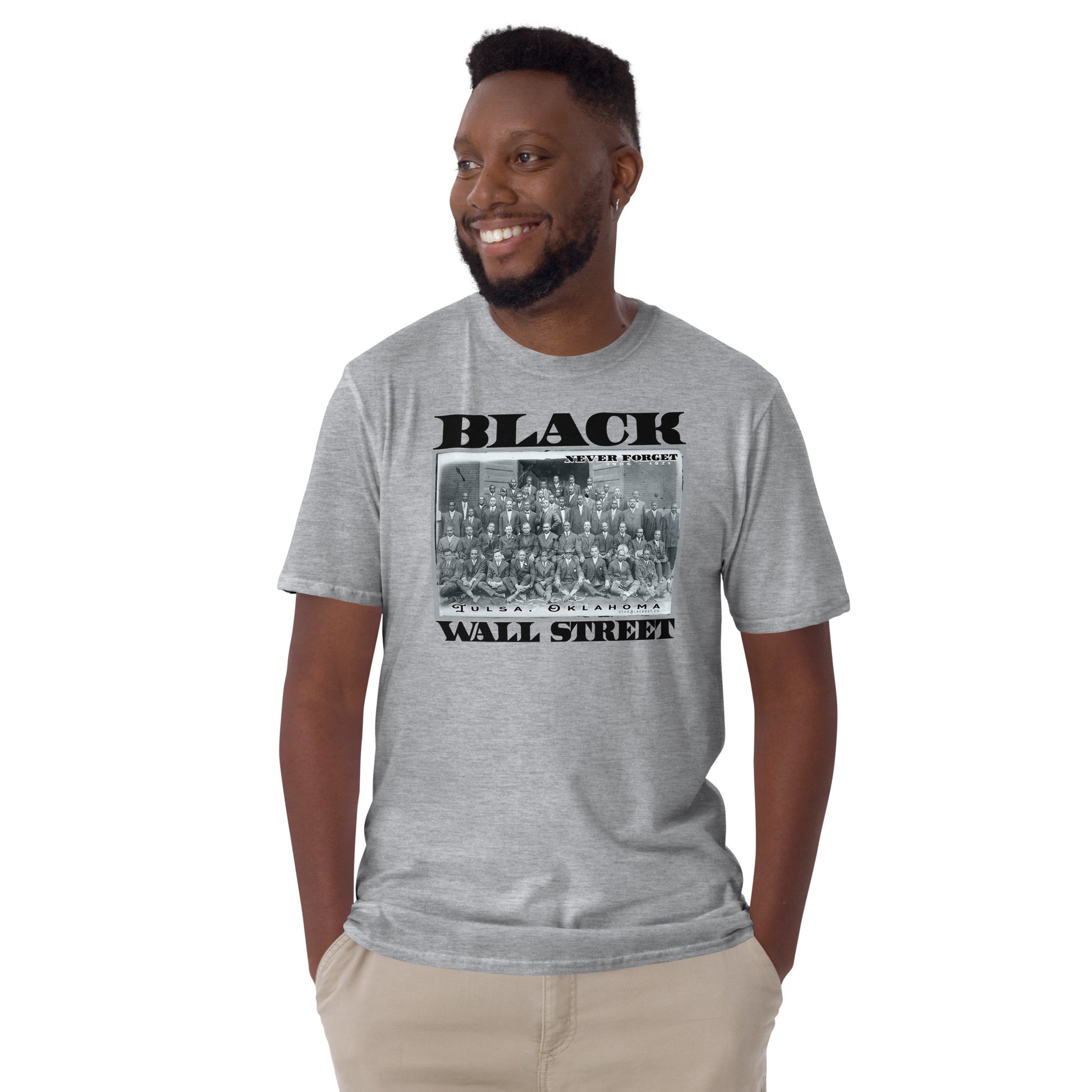 Smiling model in Black Wall Street vintage history tee