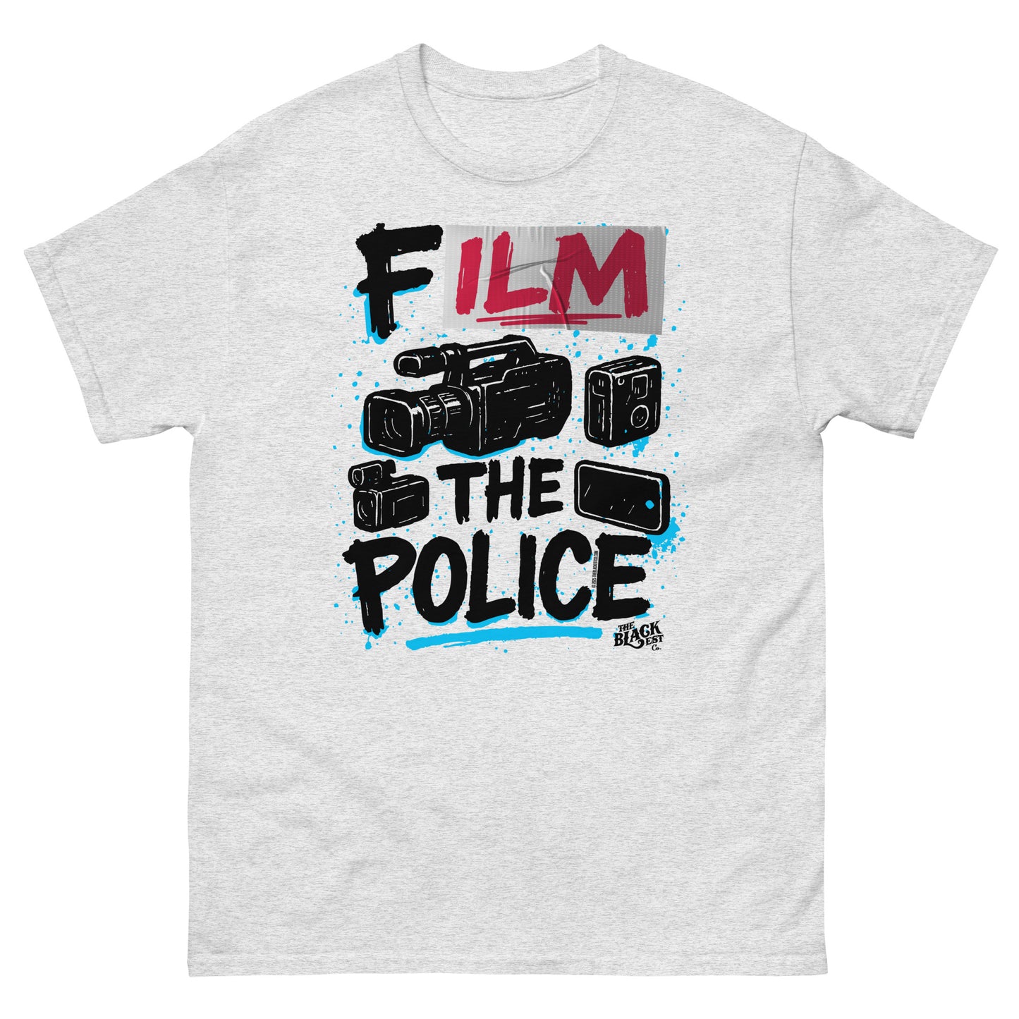 Heather gray Film The Police Staple T-shirt by TheBlackest Co. featuring bold activist message and camera illustrations in streetwear design.