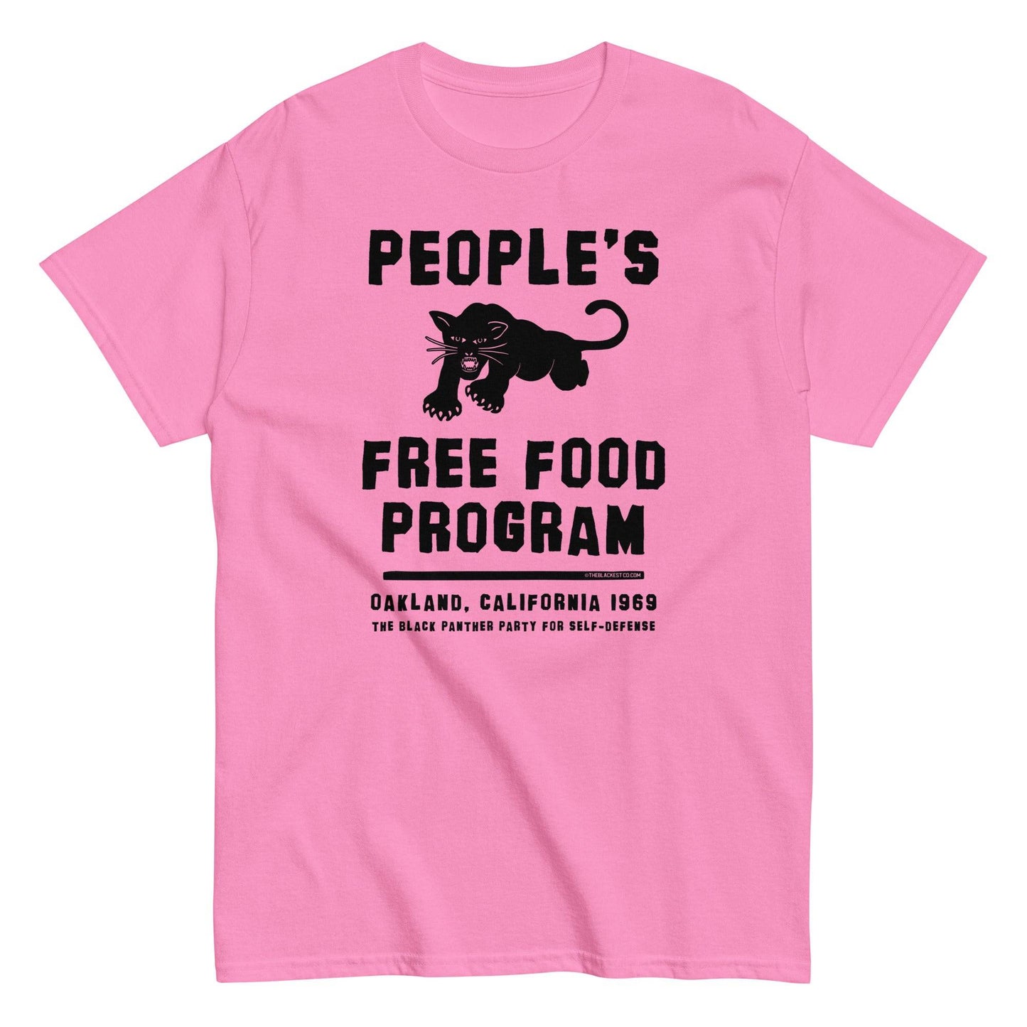 People's Free Food Program Staple T-Shirt in pink, featuring bold black text and a panther graphic. Made from 100% cotton, celebrating Black history.