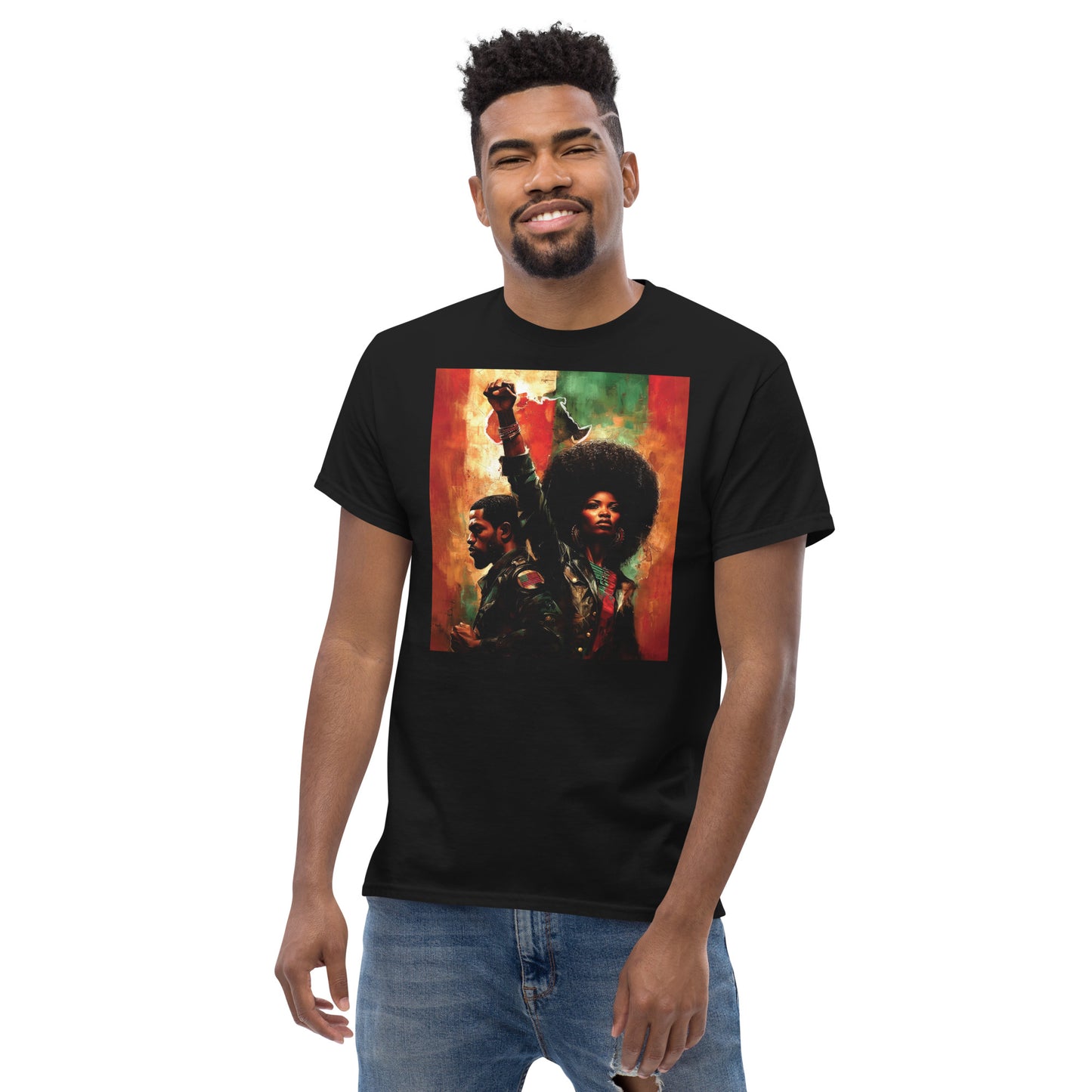 young lady in black t-shirt with Pan African couple and raised fist graphic