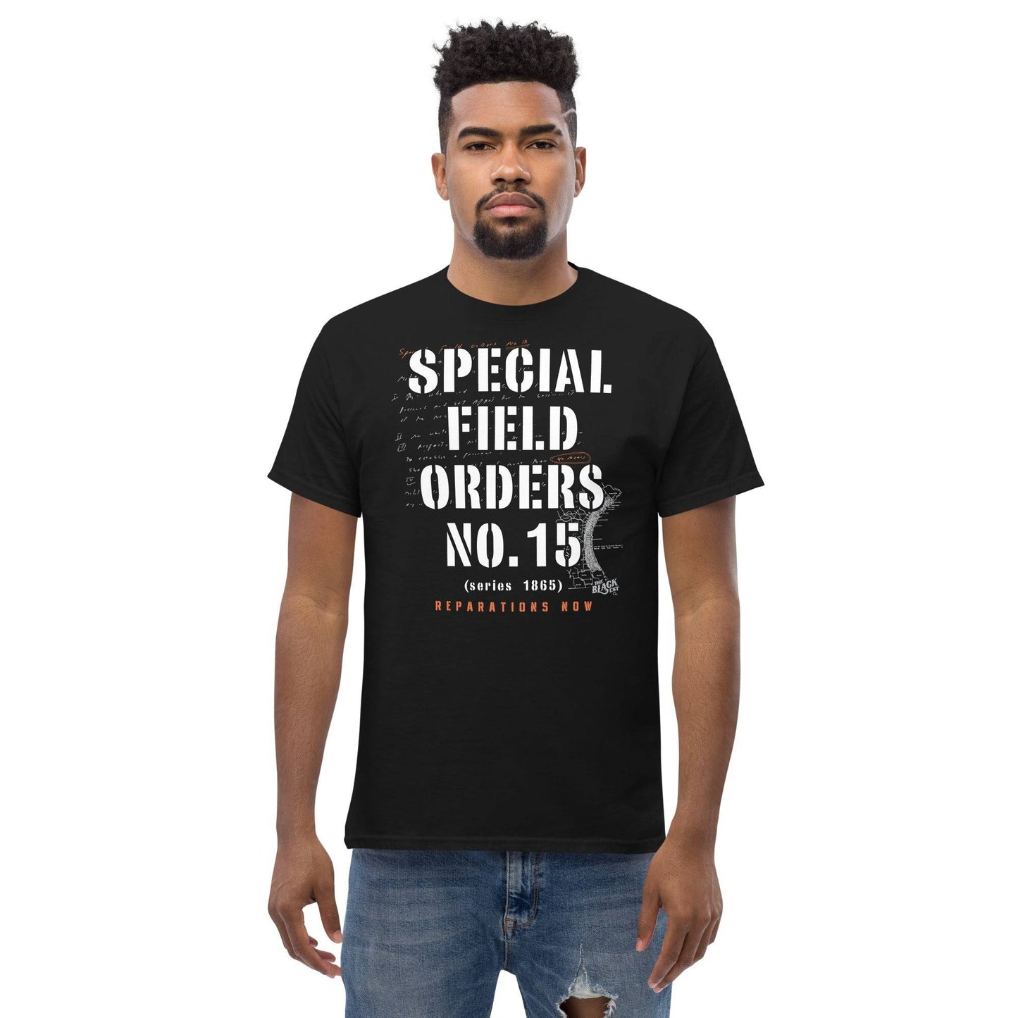 Model wearing black Special Field Order No. 15 Reparations T-Shirt, a cultural graphic tee promoting reparations and Black history.