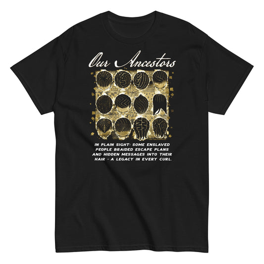 Black Our Ancestors Braided Escape Routes Staple T-Shirt featuring historical braid patterns symbolizing hidden escape maps.