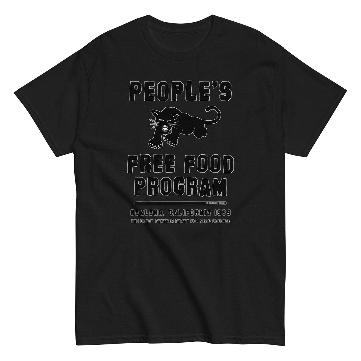 Black On Black BPP Free Food Program Staple T-Shirt featuring bold graphic of panther and text honoring the 1969 Oakland initiative by the Black Panther Party.