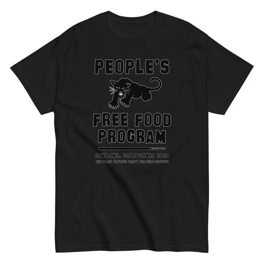 Black On Black BPP Free Food Program Staple T-Shirt featuring bold graphic of panther and text honoring the 1969 Oakland initiative by the Black Panther Party.