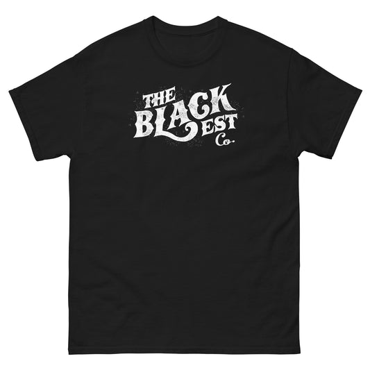 TheBlackest Co. Unisex Logo Tee in black with bold white vintage-style logo. Classic fit cotton t-shirt celebrating unapologetic Black history.