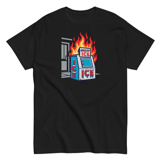 Black Abolish ICE Statement Staple Unisex T-Shirt by TheBlackest Co. featuring a flaming ice machine graphic for activist apparel lovers.