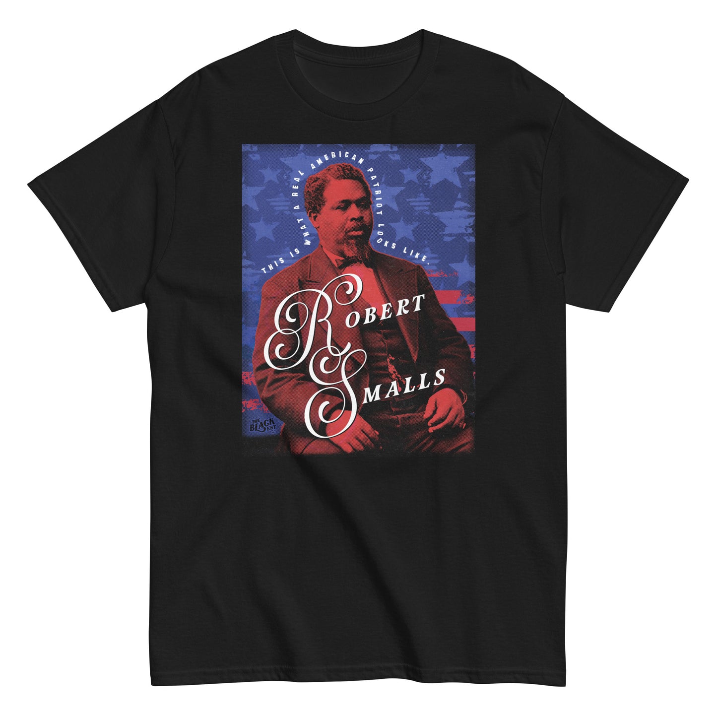 Black Robert Smalls Real American Patriot Unisex T-shirt by TheBlackest Co. featuring vintage-style portrait and patriotic background.