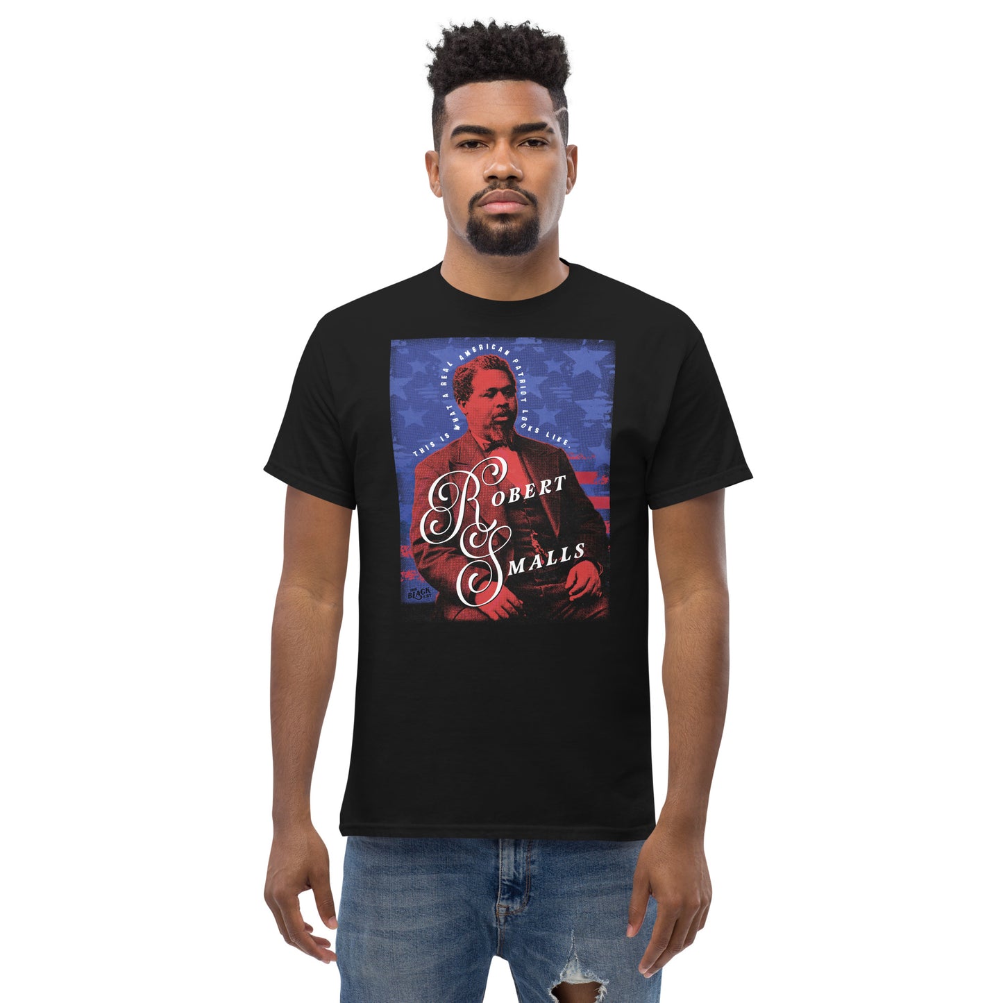 Front view of man modeling Robert Smalls Real American Patriot Unisex T-shirt in black, highlighting historical graphic design.