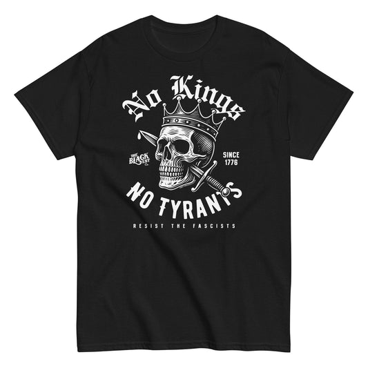 Black No Kings No Tyrants Skull Protest T-Shirt by TheBlackest Co. featuring bold white skull graphic with crown and crossed weapons, activist streetwear.