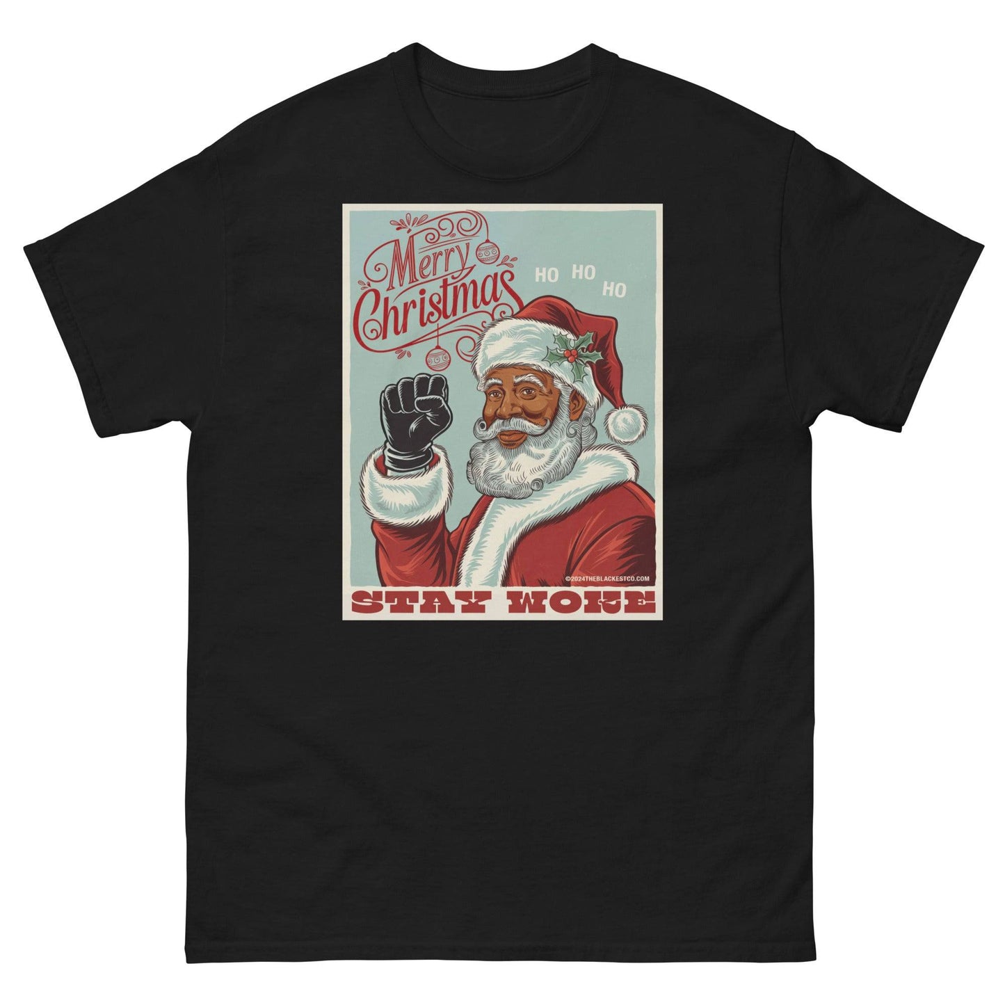 Black Black Santa Stay Woke Unisex Staple T-Shirt with retro-style Christmas graphic and cultural empowerment theme, sizes up to 5X.