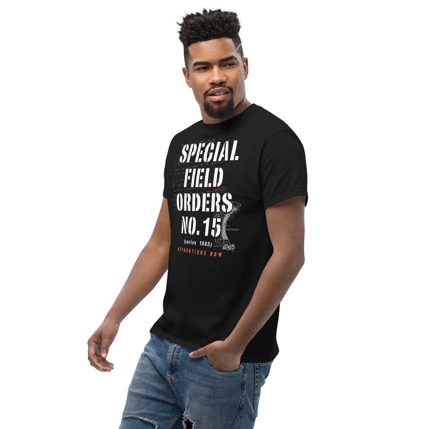 Side view of man in Special Field Order No. 15 Reparations T-Shirt, featuring bold civil rights message in white and orange text.