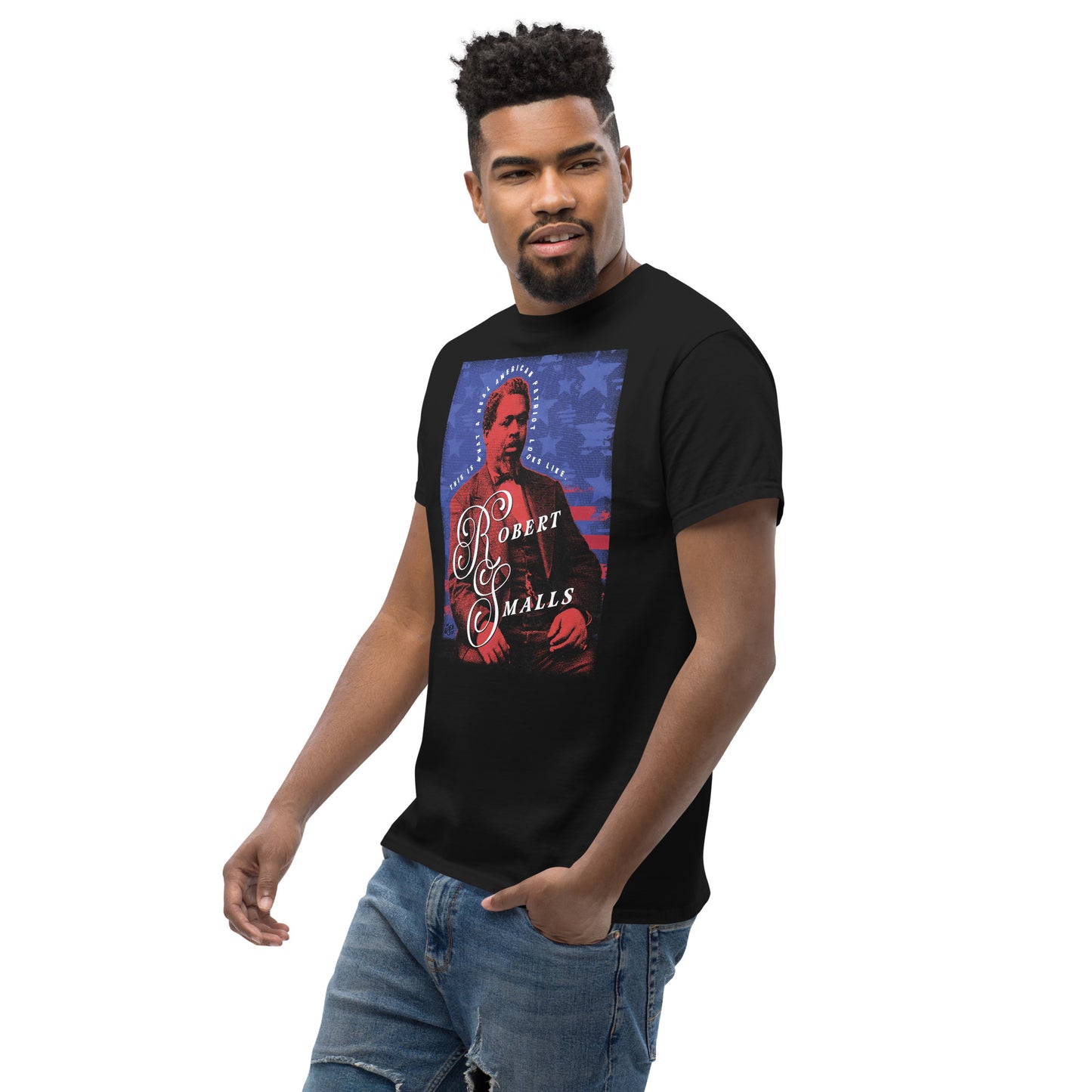 Model wearing Robert Smalls Real American Patriot Unisex T-shirt in black, showcasing bold graphic print and classic fit.