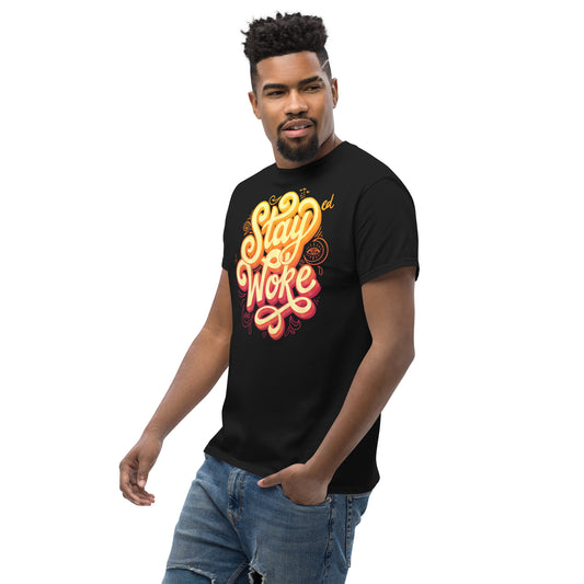 Model wearing black 'Stay Woke' graphic t-shirt, close-up of face and shirt