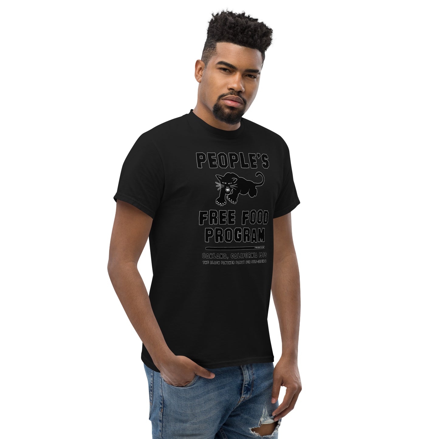 Model wearing Black On Black BPP Free Food Program Staple T-Shirt with clean fit and historic graphic, representing Black Panther Party legacy in streetwear.