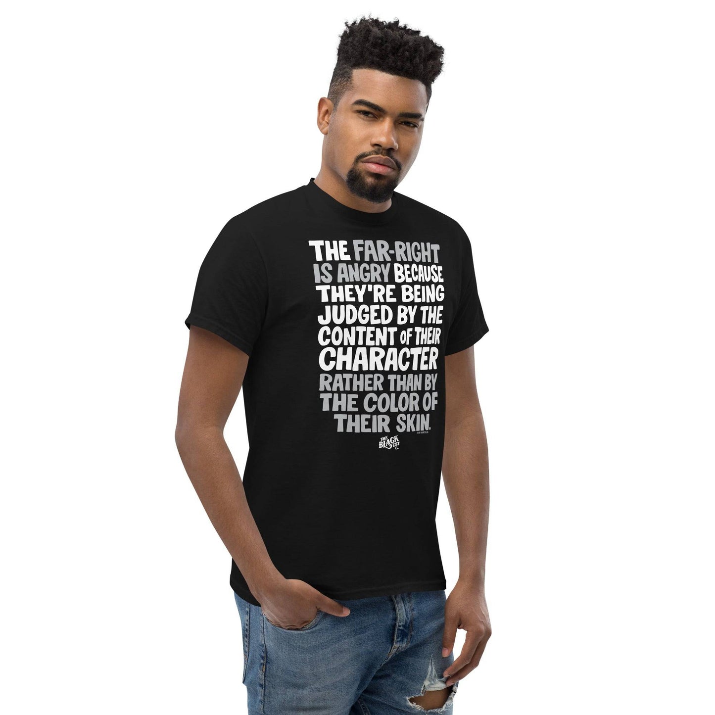 Man modeling black Why The Far Right Is Angry T-Shirt by TheBlackest Co. with bold white protest message. Unisex activist tee with streetwear edge.