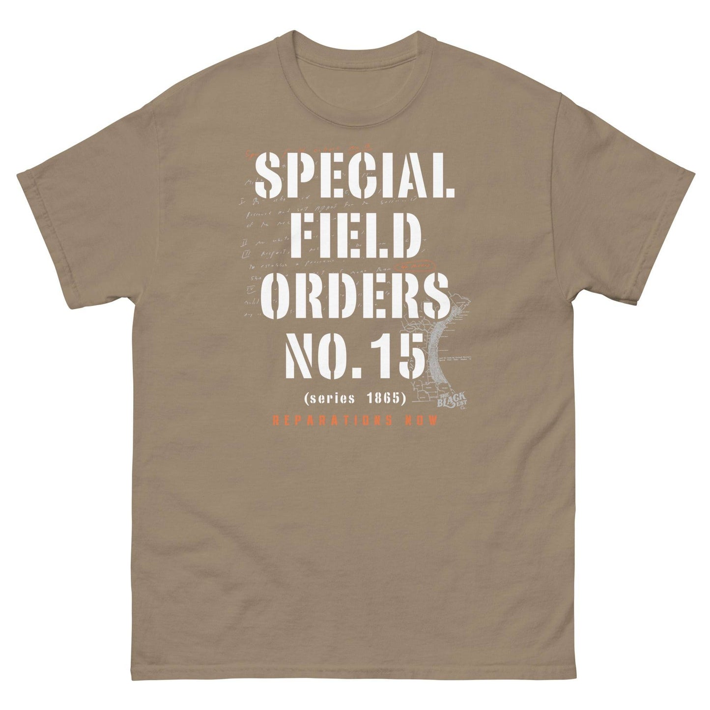 Tan Special Field Order No. 15 Reparations T-Shirt with white and orange text, representing Black history and reparations advocacy.