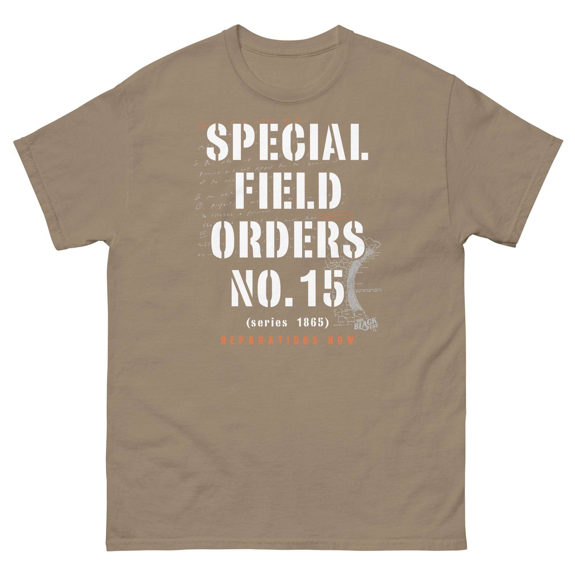 Tan Special Field Order No. 15 Reparations T-Shirt with white and orange text, representing Black history and reparations advocacy.