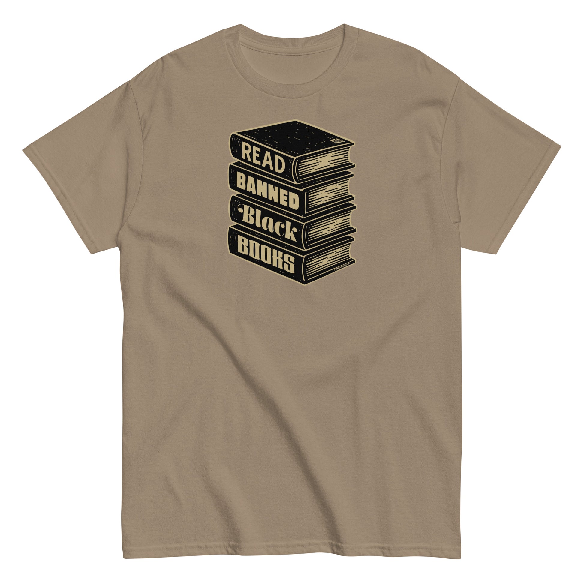 Tan Read Banned Black Books Stack Unisex T-Shirt by TheBlackest Co., a cultural statement tee promoting banned Black literature and history.