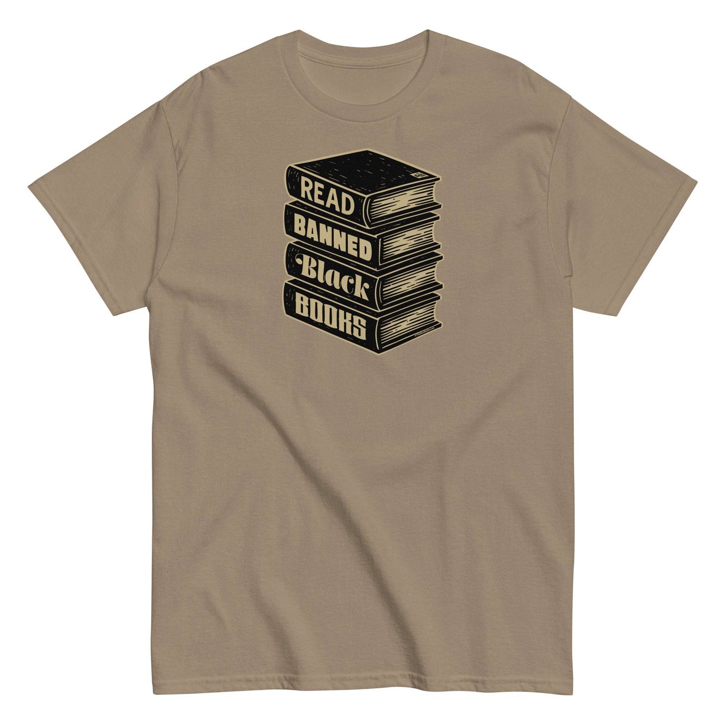 Tan Read Banned Black Books Stack Unisex T-Shirt by TheBlackest Co., a cultural statement tee promoting banned Black literature and history.