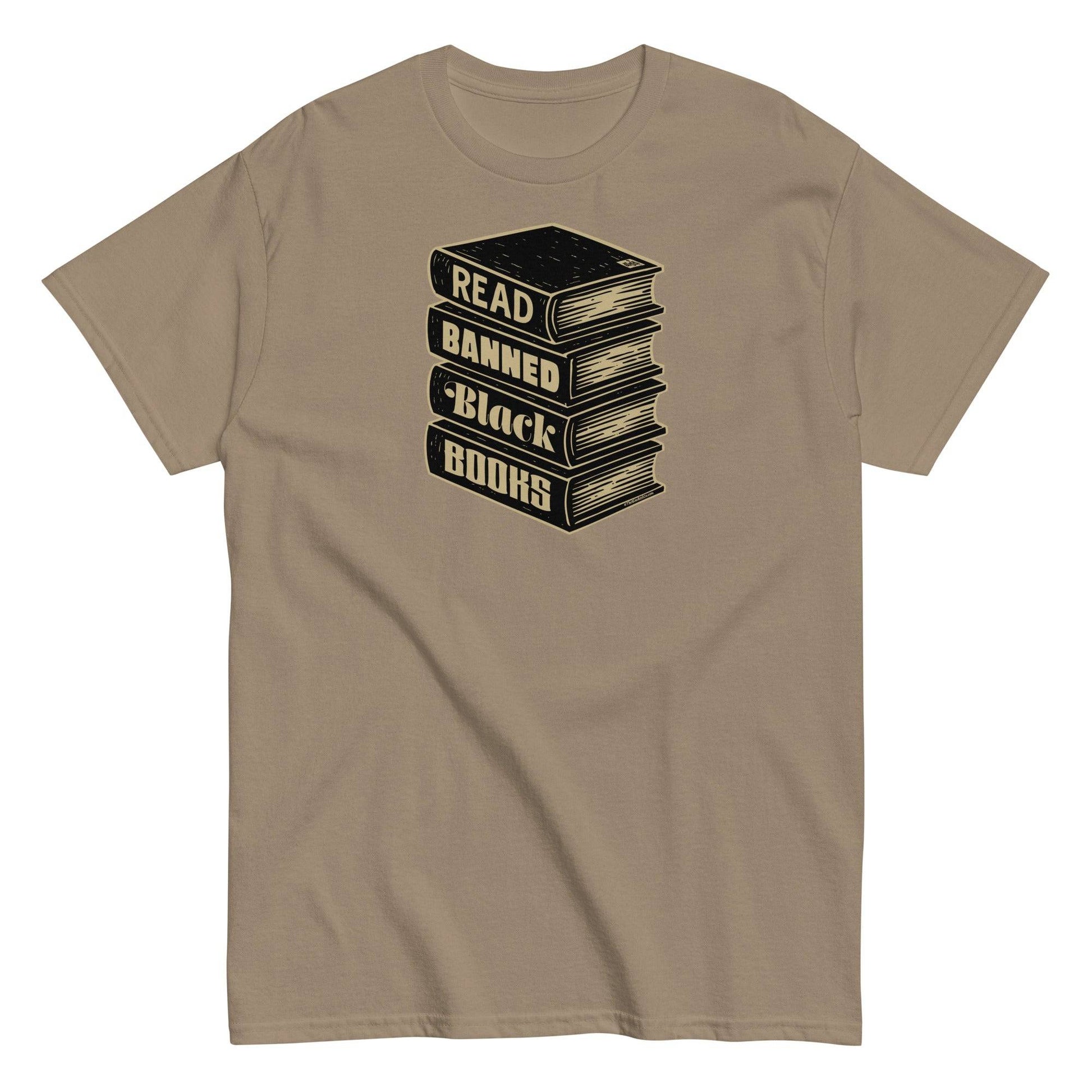 Tan Read Banned Black Books Stack Unisex T-Shirt by TheBlackest Co., a cultural statement tee promoting banned Black literature and history.
