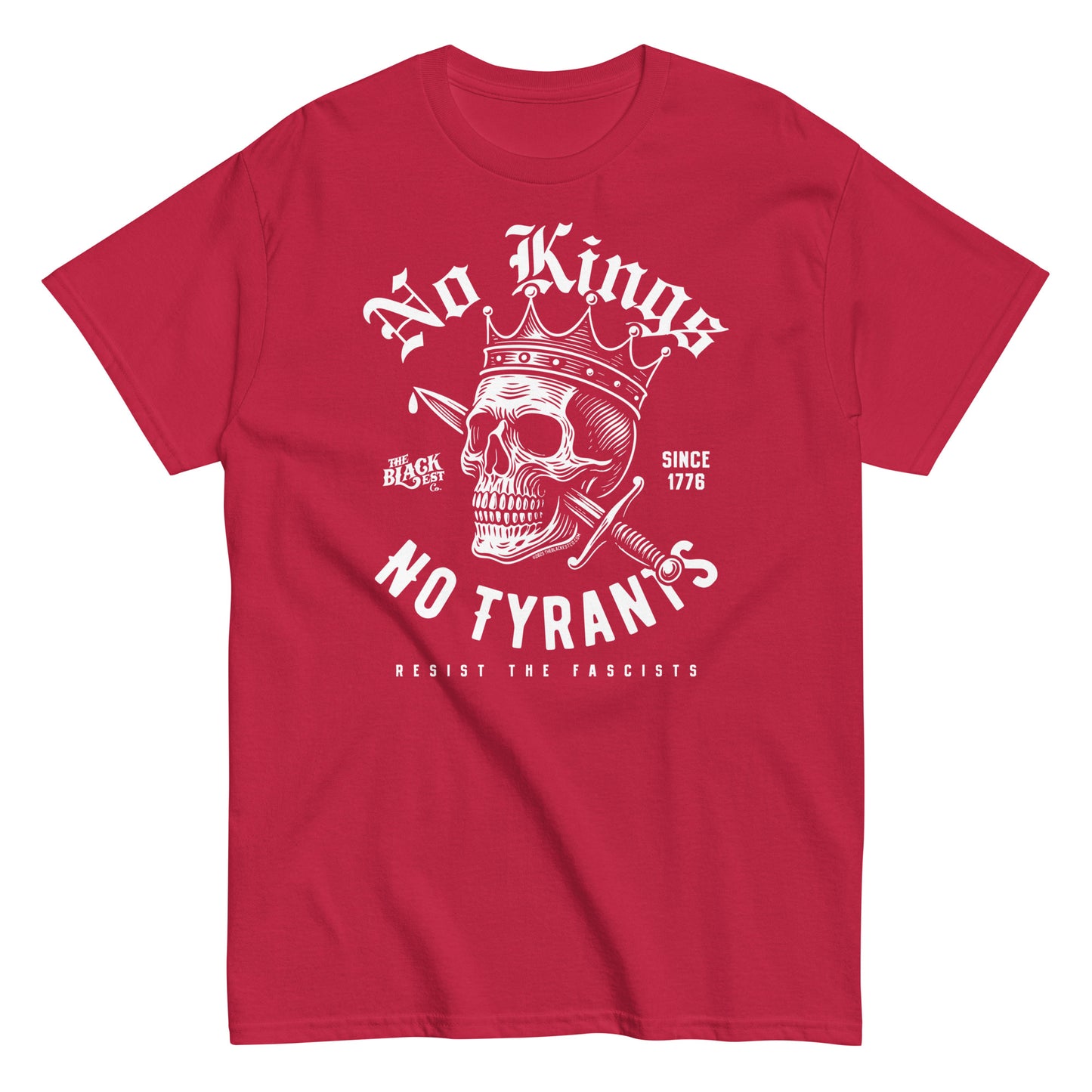 Red No Kings No Tyrants Skull Protest T-Shirt by TheBlackest Co. with bold white skull and anti-tyranny message, unisex activist streetwear.