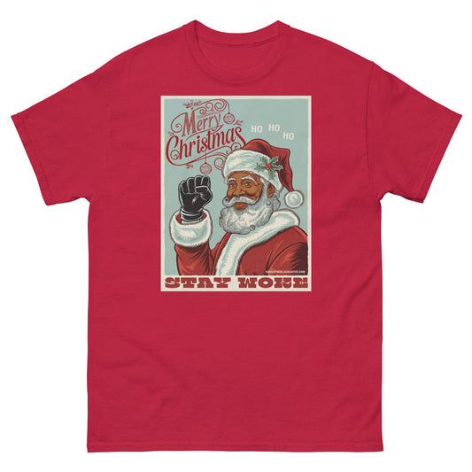 Black Santa Stay Woke Unisex Staple T-Shirt in red with vintage-style graphic of Black Santa raising a fist and 'Merry Christmas' text.