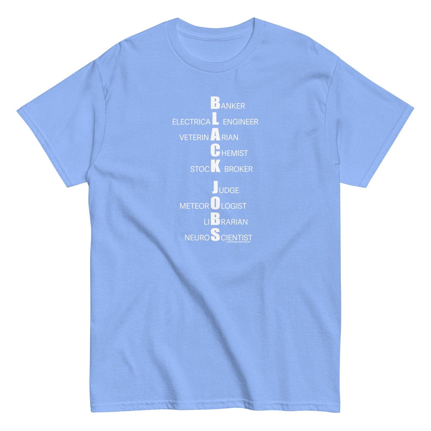 Light blue t-shirt displaying vertical black jobs list design.