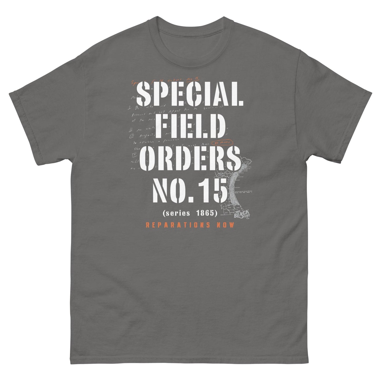 Gray Special Field Order No. 15 Reparations T-Shirt featuring historical text design, part of Black-owned apparel collection.