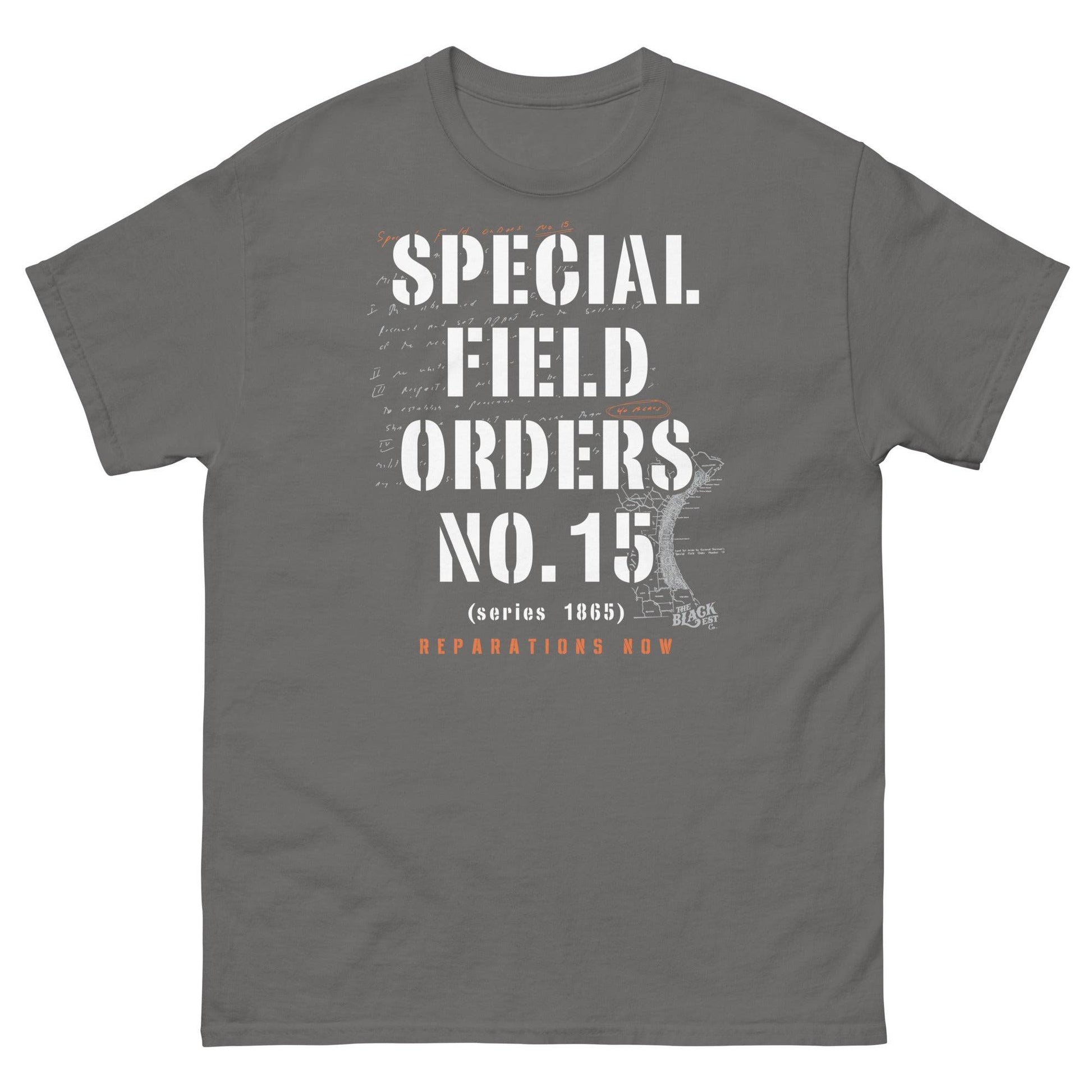 Gray Special Field Order No. 15 Reparations T-Shirt featuring historical text design, part of Black-owned apparel collection.