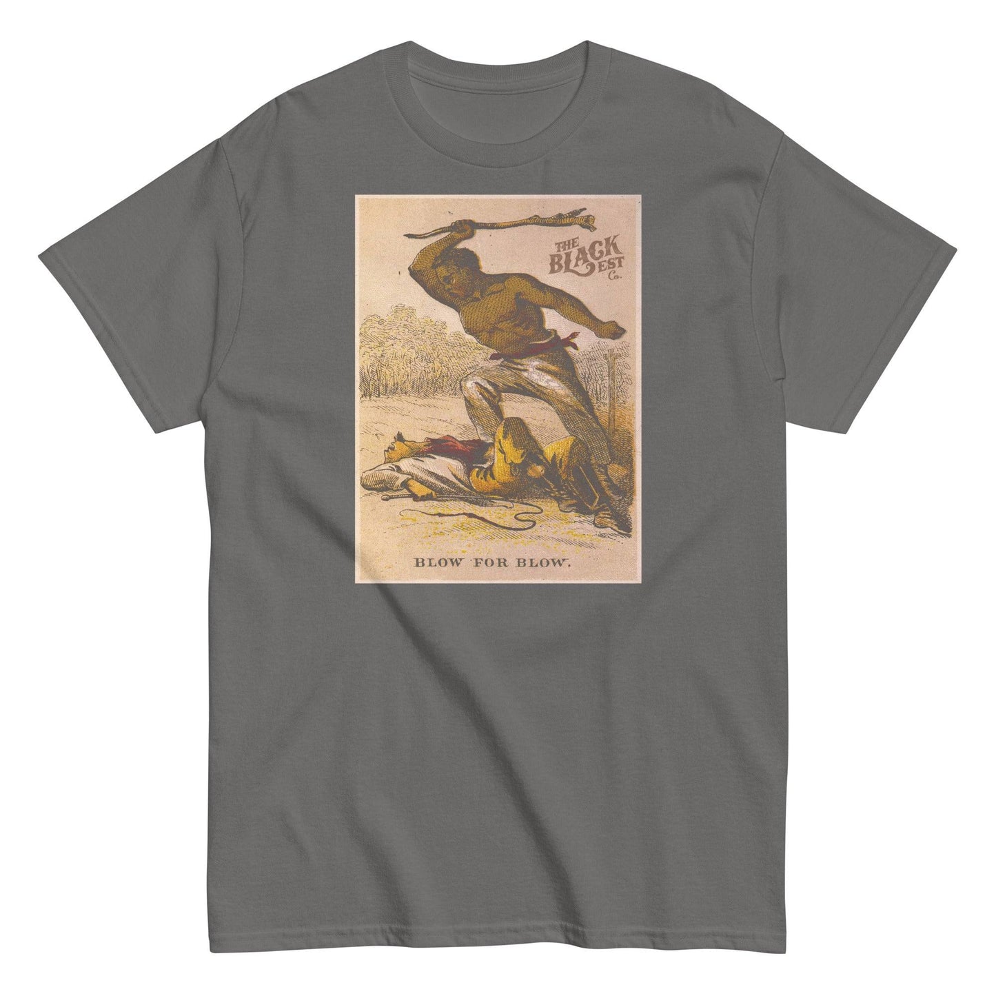 Blow For Blow | The Slave in 1863 Card Series T-Shirt in asphalt gray featuring a vintage card-style image of Black defiance. A cultural and historical fashion statement.