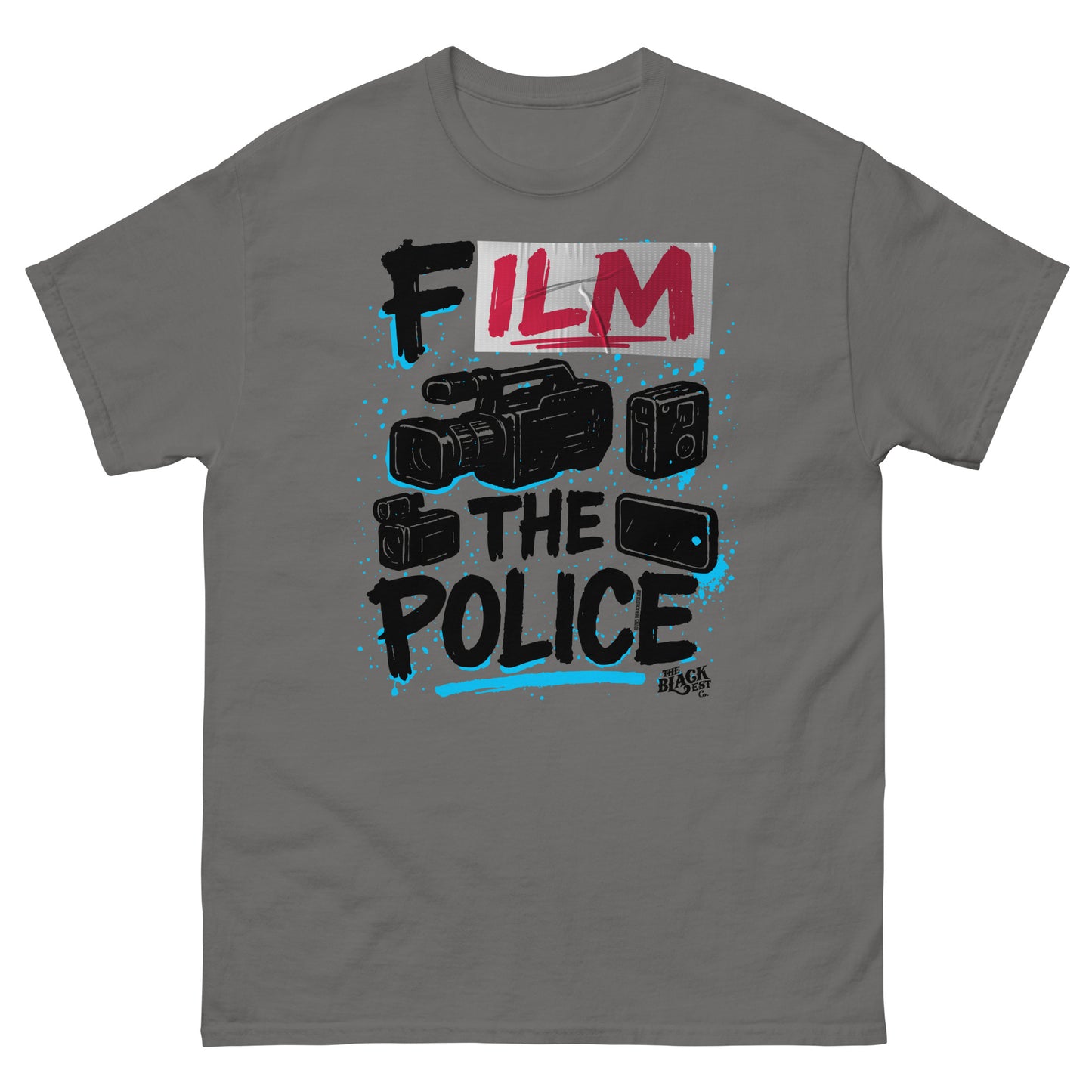 Gray Film The Police Staple T-shirt by TheBlackest Co. with protest design and graphic elements promoting accountability and activism.