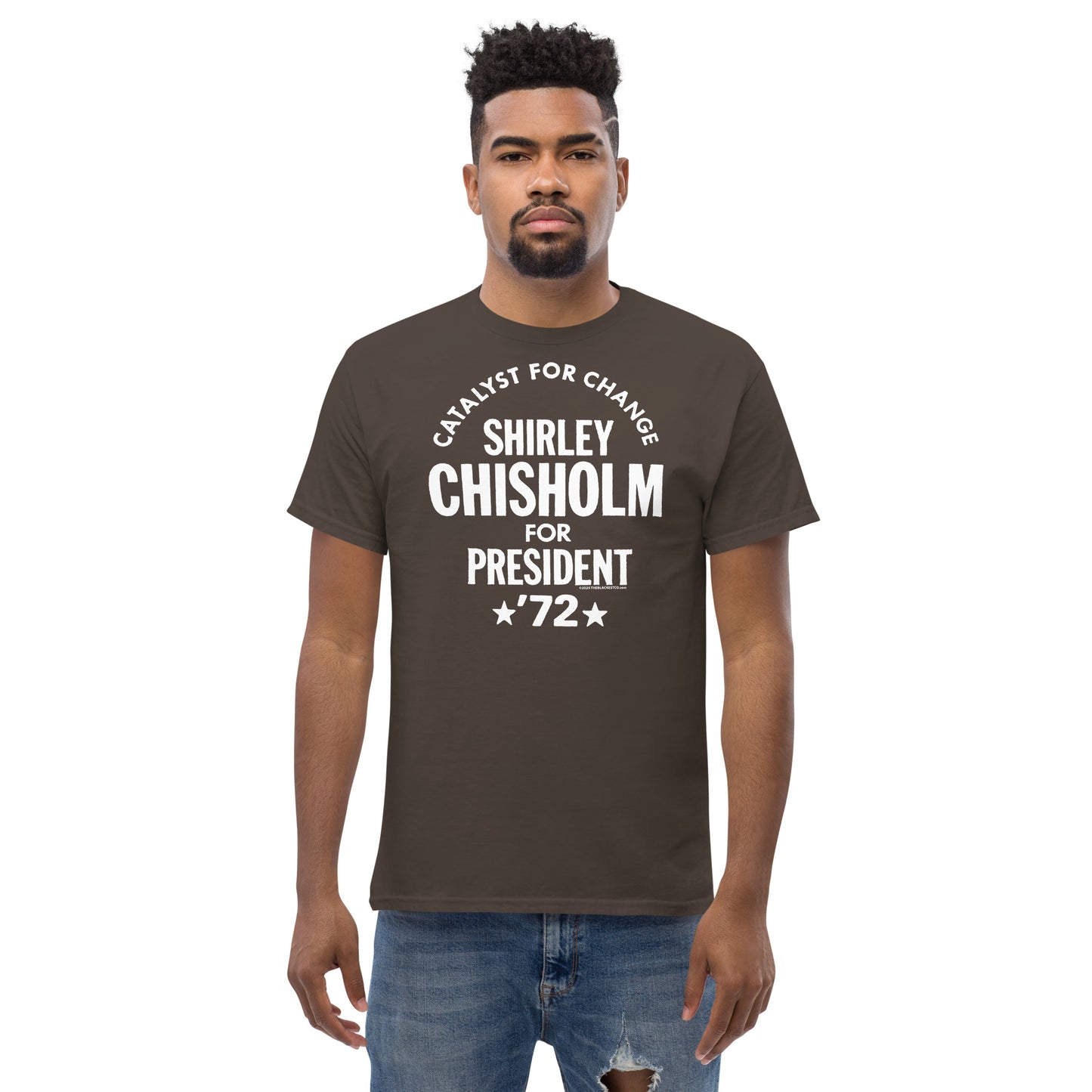 Model wearing brown Shirley Chisholm 72 T-Shirt