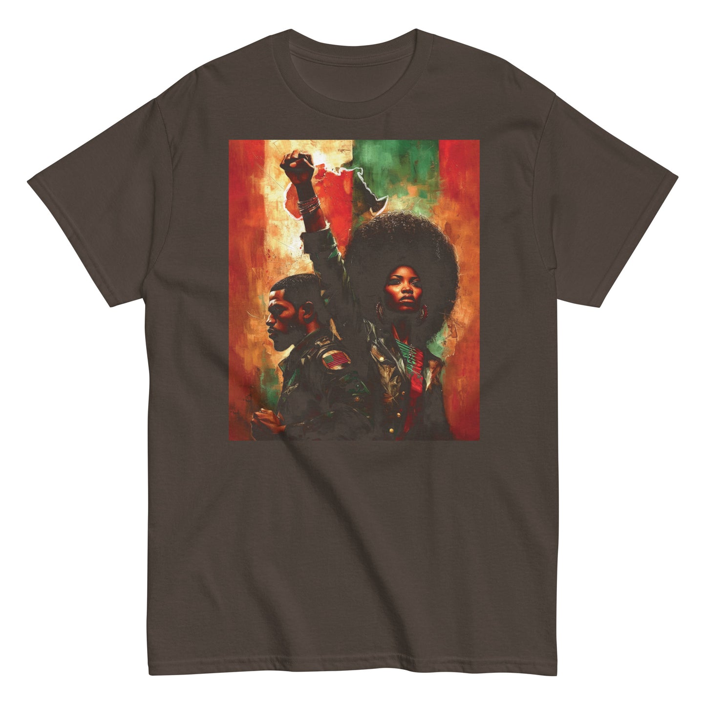 chocolate brown t-shirt with Pan African couple and raised fist graphic