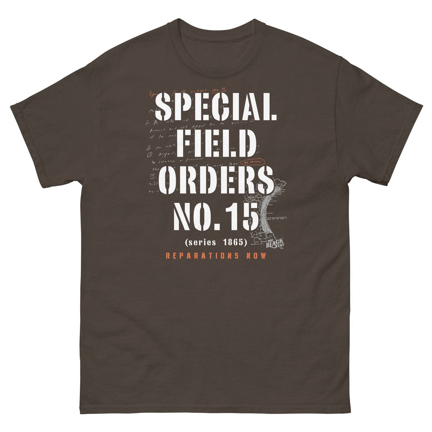 Brown Special Field Order No. 15 Reparations T-Shirt with bold white text, celebrating civil rights and cultural heritage.