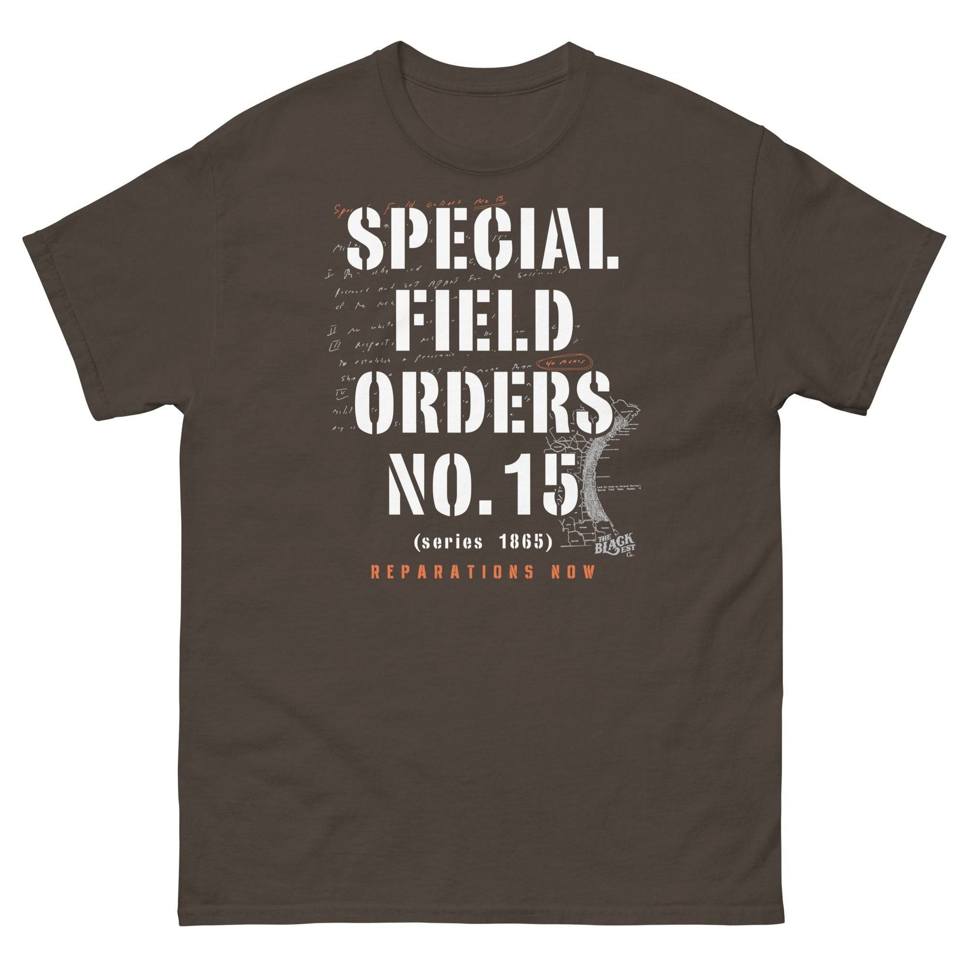 Brown Special Field Order No. 15 Reparations T-Shirt with bold white text, celebrating civil rights and cultural heritage.