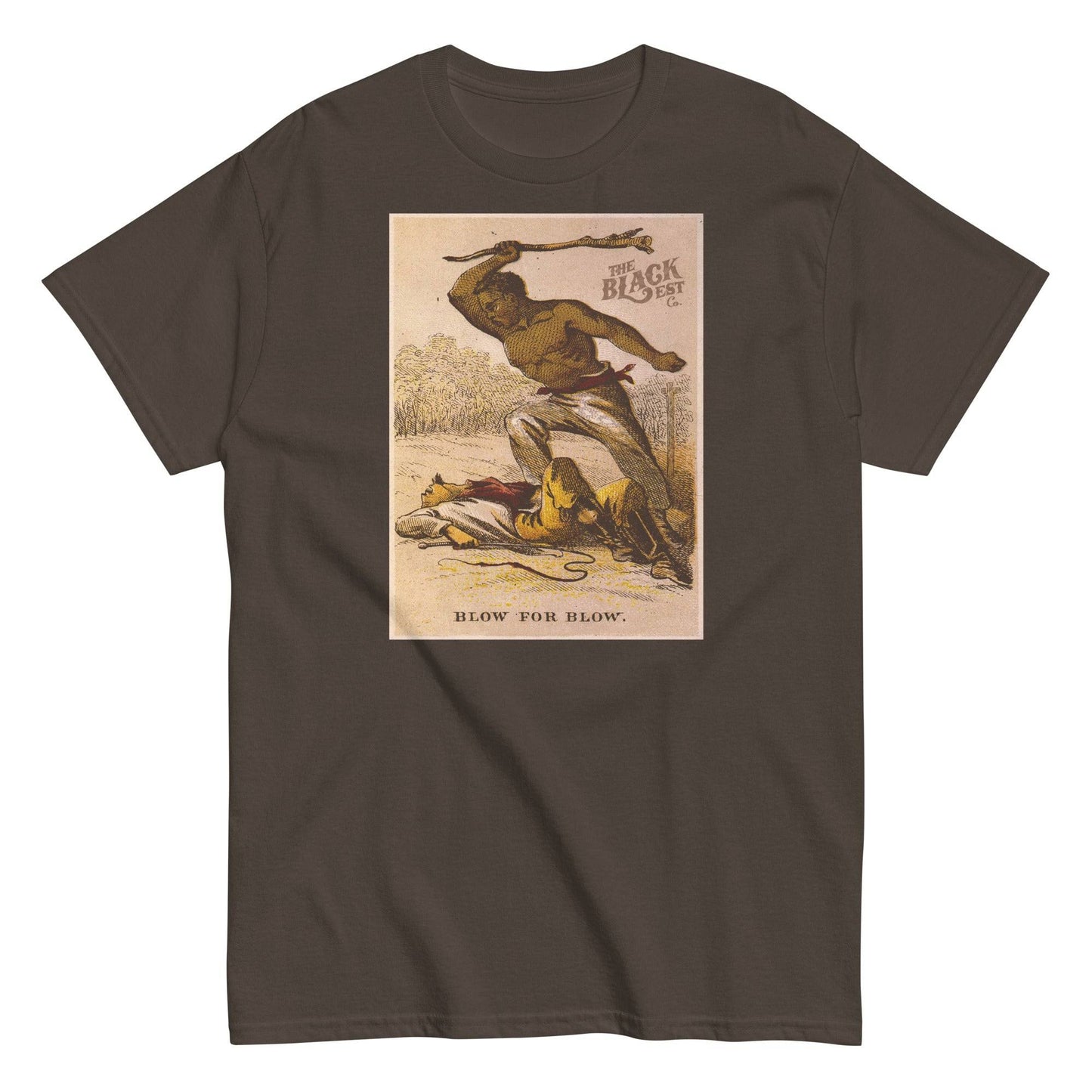 Blow For Blow | The Slave in 1863 Card Series T-Shirt in brown, showcasing a historic depiction of Black resistance. A meaningful staple in cultural fashion.