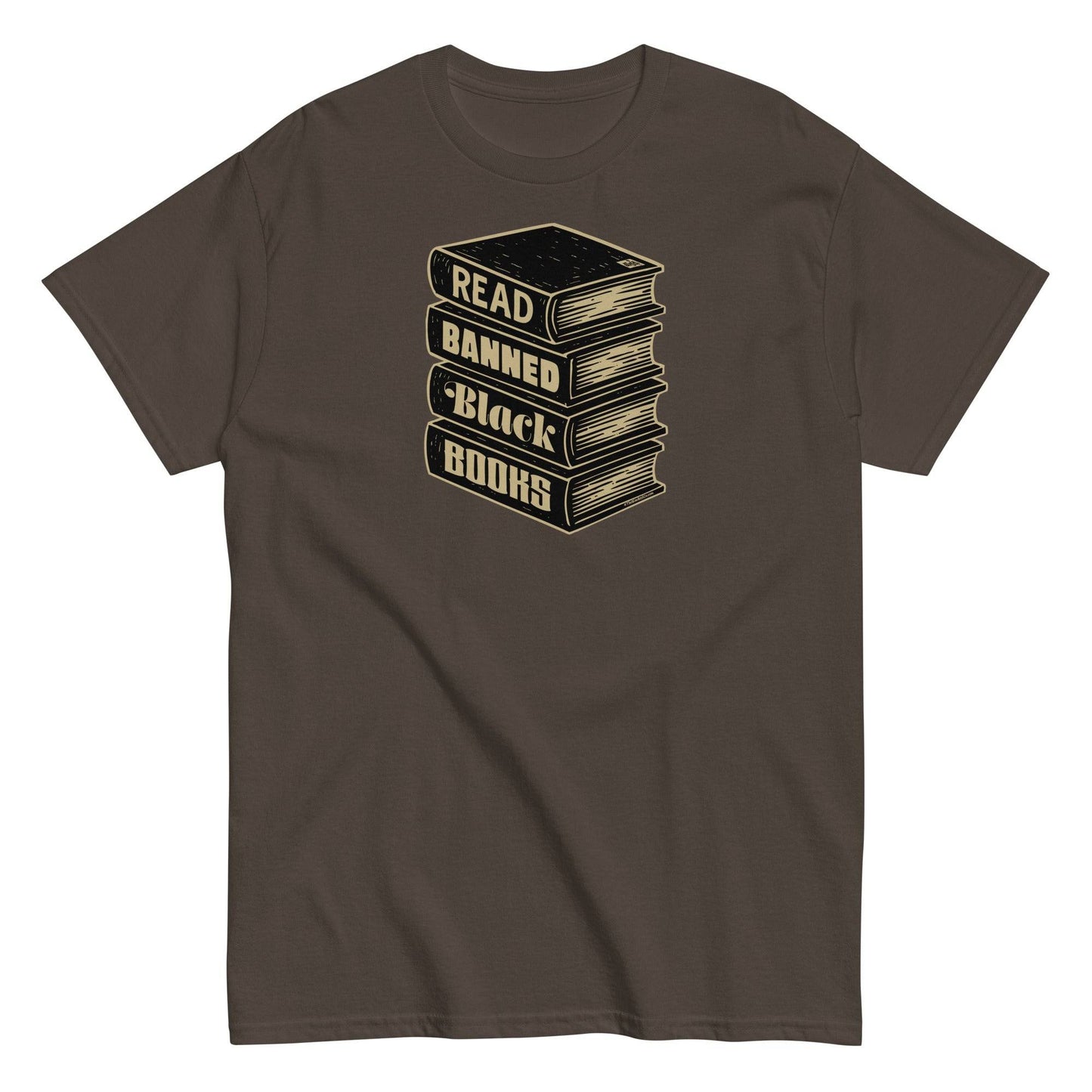 Brown Read Banned Black Books Stack Unisex T-Shirt by TheBlackest Co. featuring a bold book stack graphic with a social justice message.