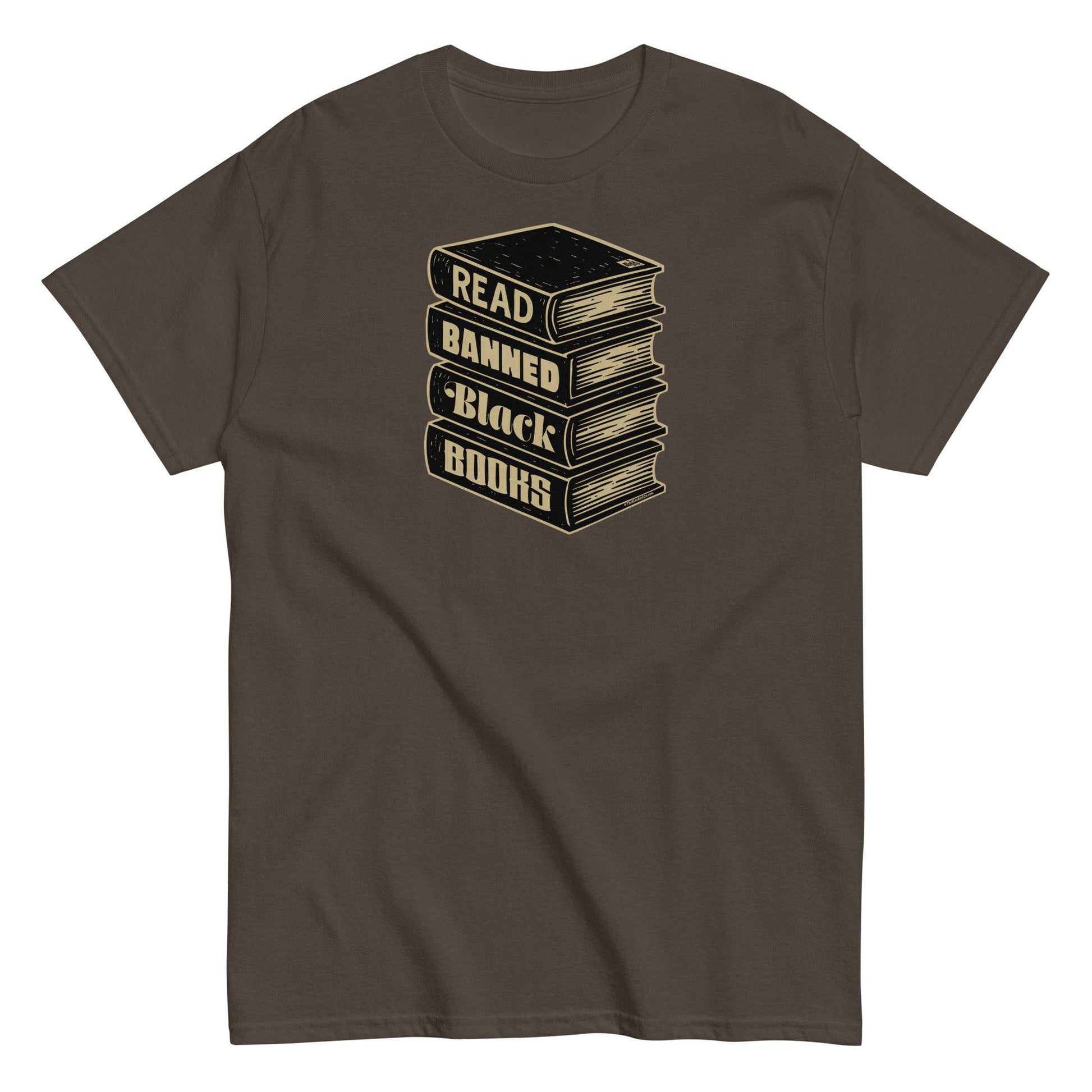 Brown Read Banned Black Books Stack Unisex T-Shirt by TheBlackest Co. featuring a bold book stack graphic with a social justice message.